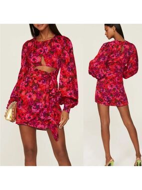 For Love & Lemons ‘Lauren’ Red Floral Long Sleeve Front Cut Out Mini Dress Small